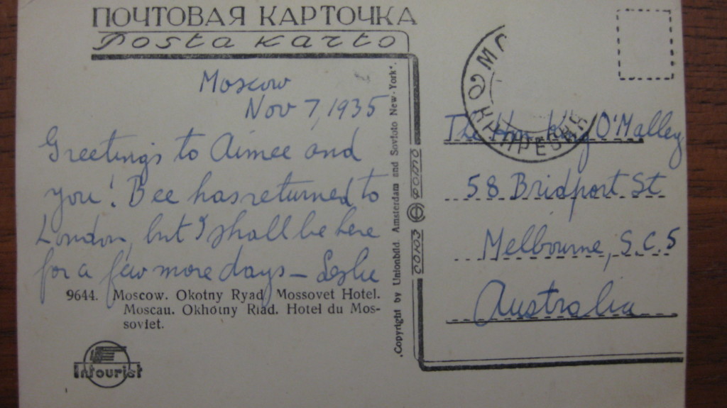 1935 92 7 Nov Back of Postcard of Russia from LCJ to KOM transcribed into doc.